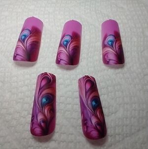 Press on nails peacock feather purple blue nail set colorful